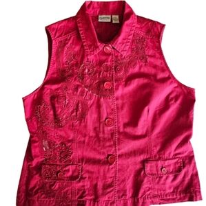 Chicos Red Embroidered Boho Beaded Vest Button Front XL Western